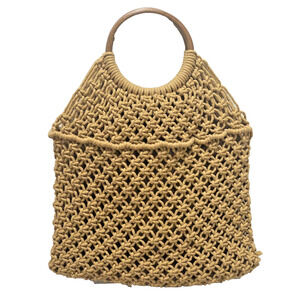 VTG Style Boho Macrame Handbag w/ Round Wooden Handles - Neutral Tan Summer Tote